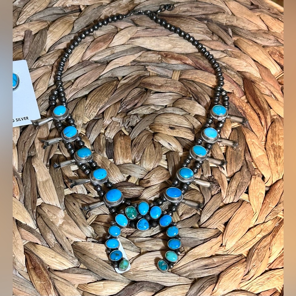 NWT Navajo Handmade by Tricia Smith Kingman Turquoise Squash Blossom Set
